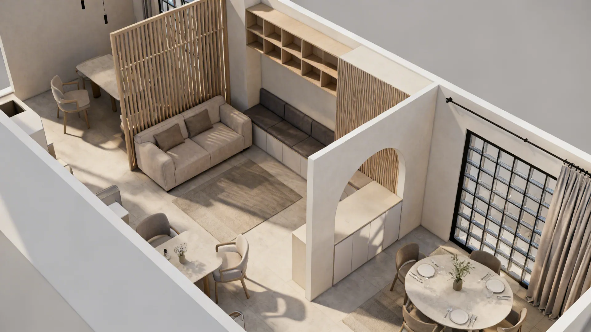 Top-down layout of a compact living-dining room showing multiple modern partition strategies and clear walkways.