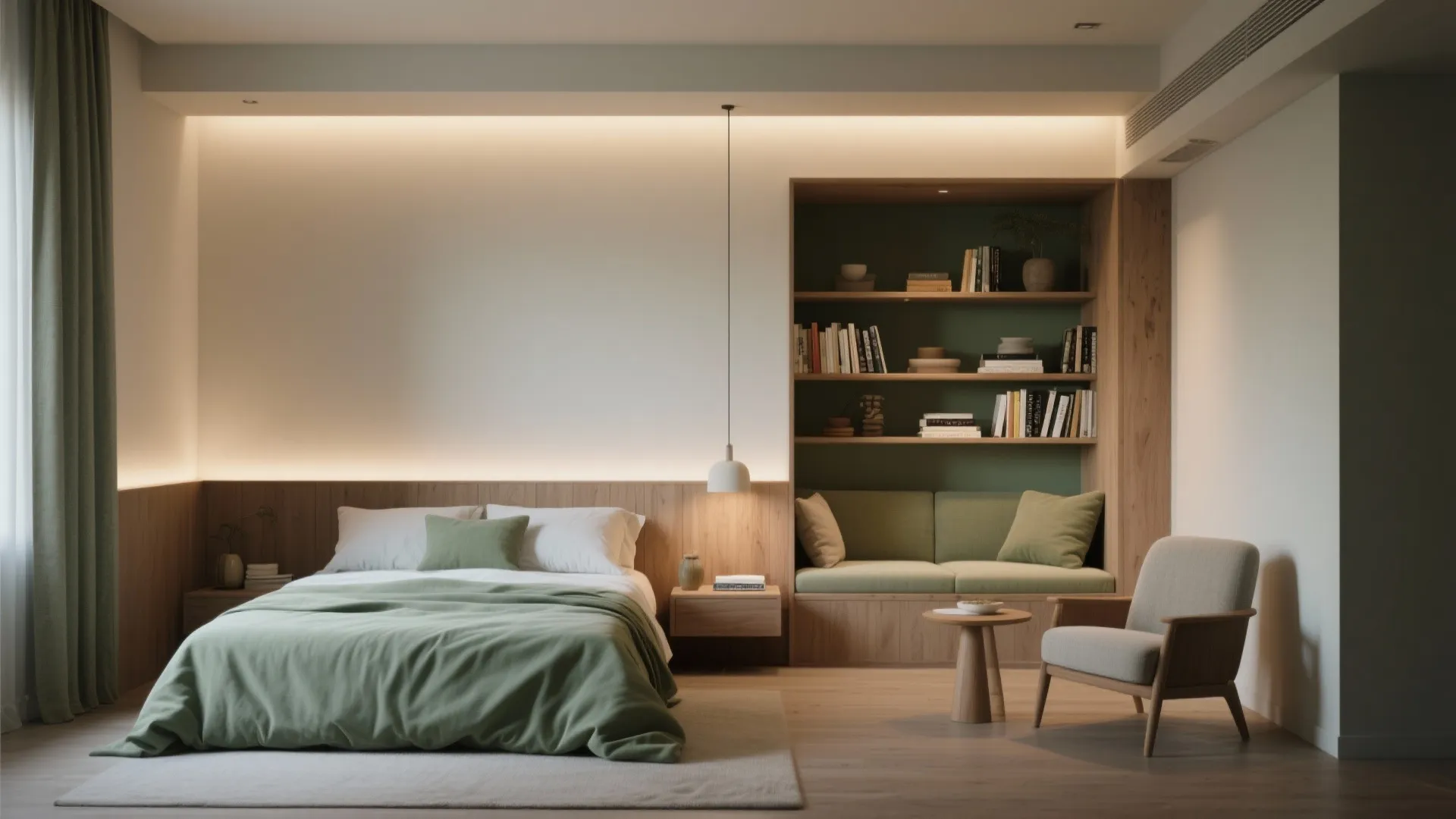3. Bed Against a Partition with a Seating Nook