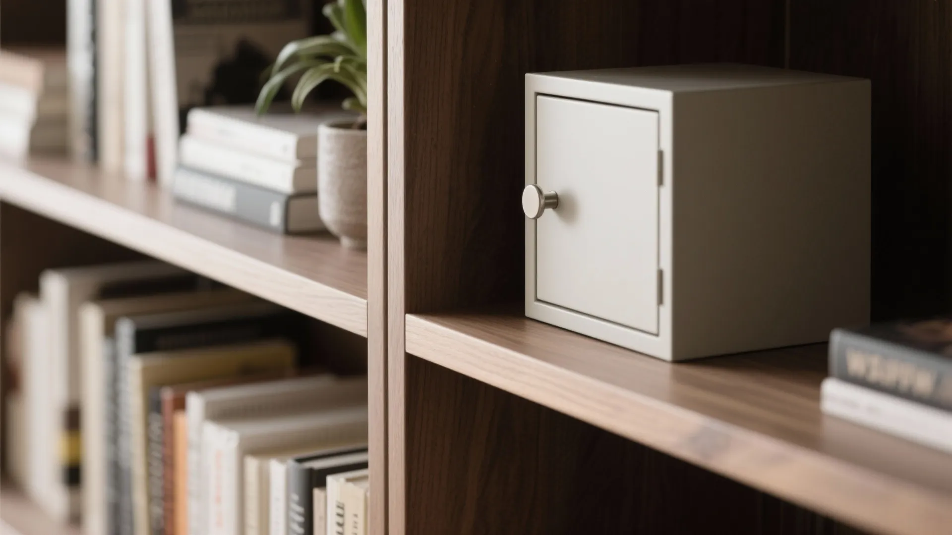 Detail view of a small white storage box placed on a dark wood cabinet shelf