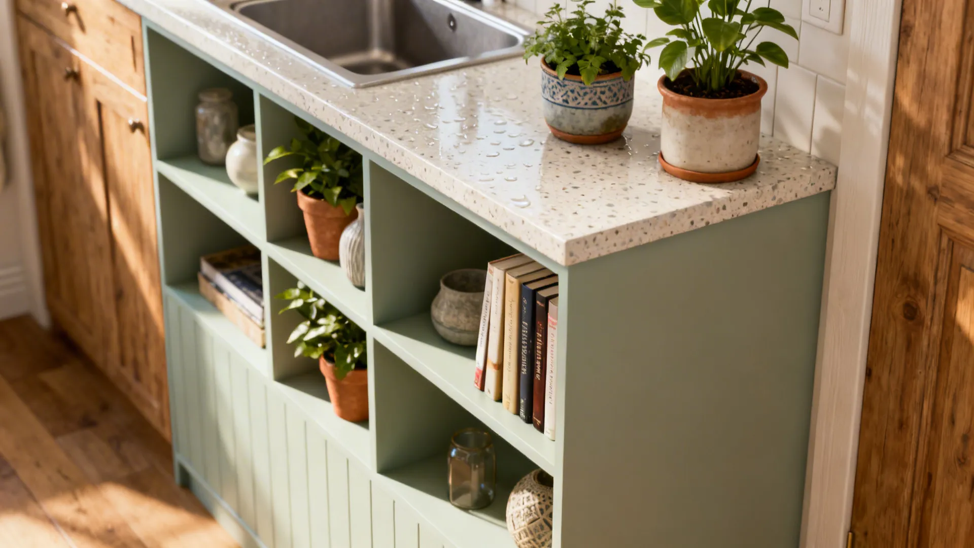 Close-up of built-in shelving on a half-height partition with plants and books and a waterproofed top surface.