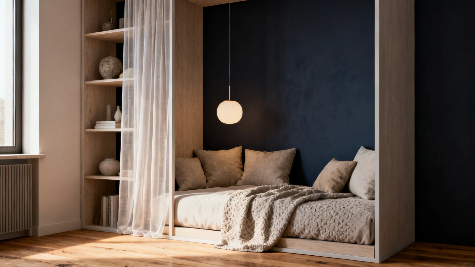 Cozy wooden sleeping nook with white curtain round hanging light dark blue wall and bookshelves