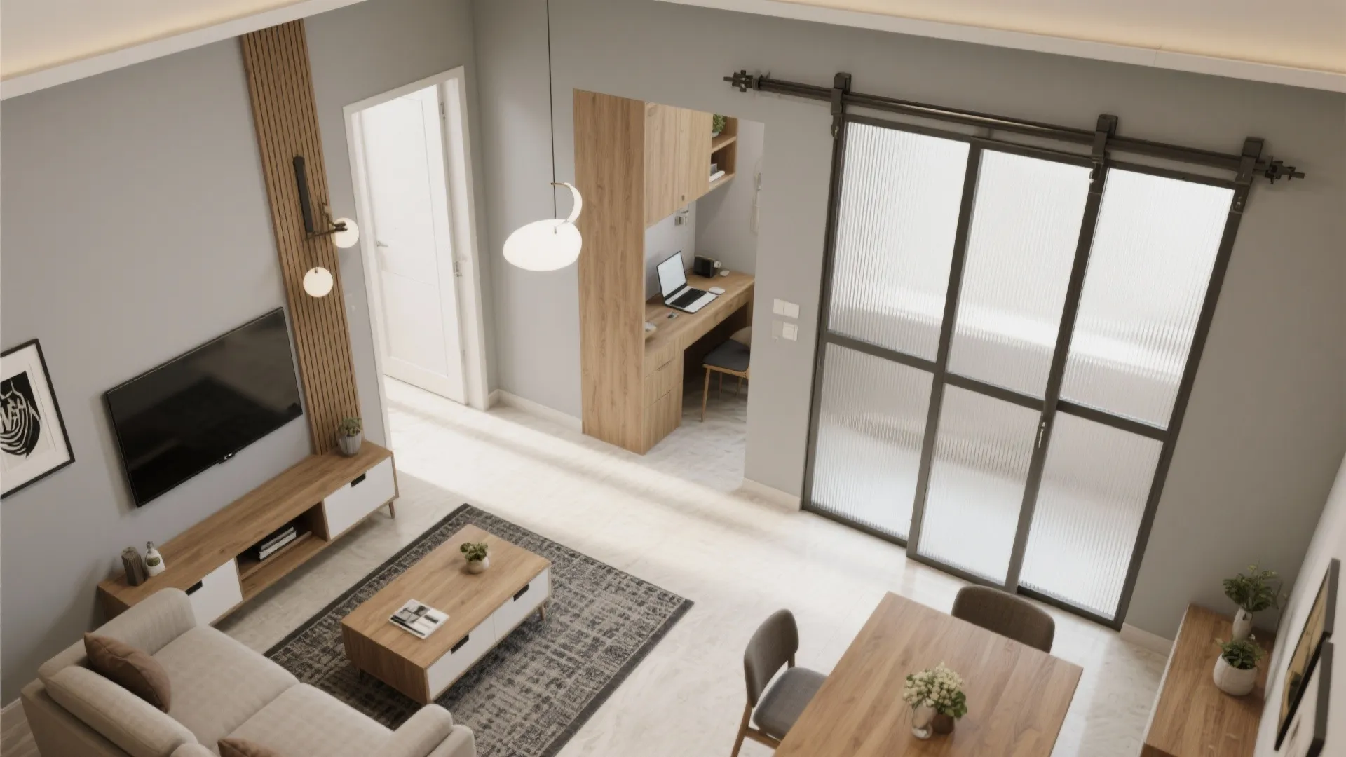 Sliding Partitions for a Flexible Living–Dining–Work Zone