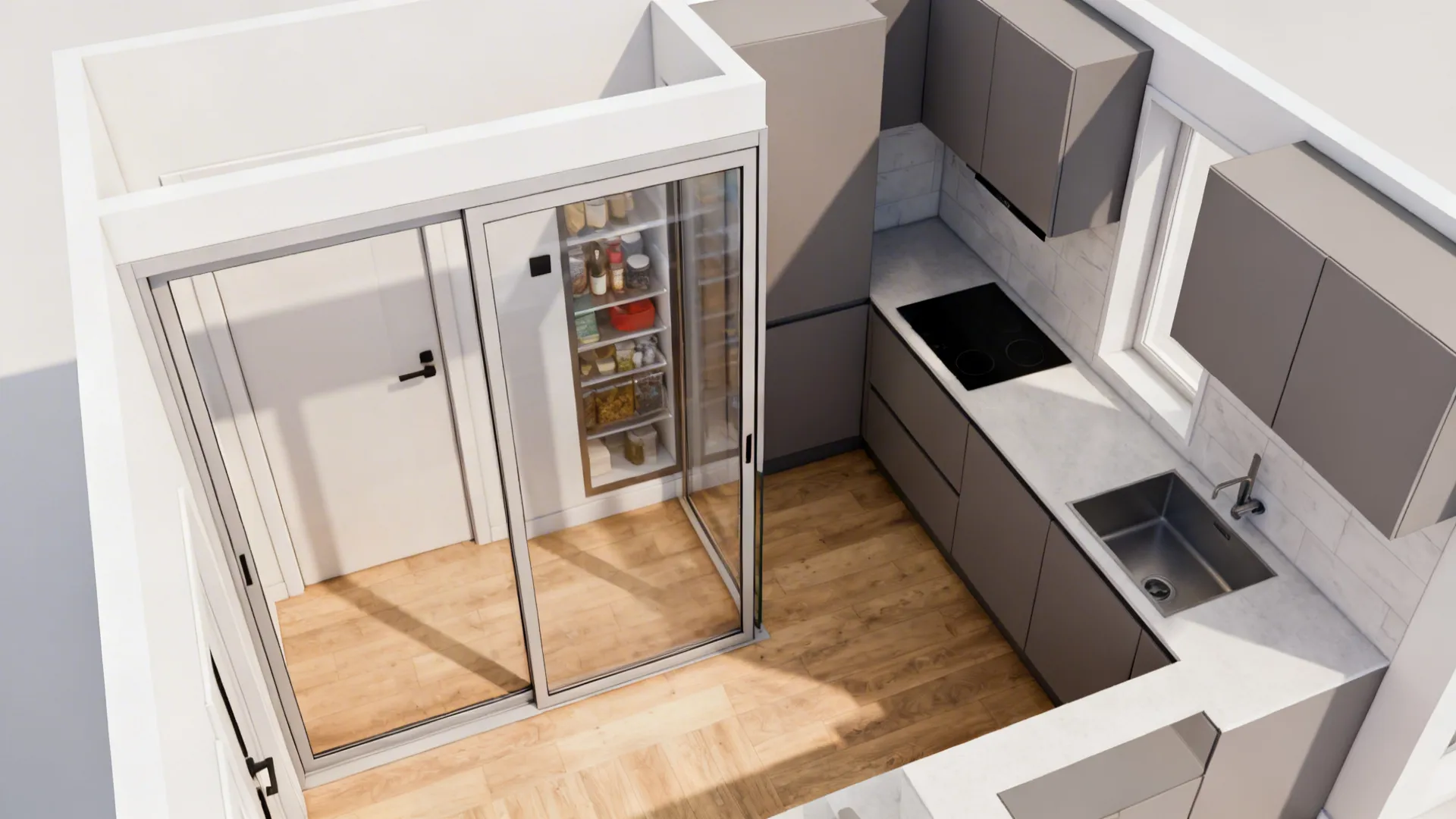 Transparent Pantry Zones and Sliding Glass Partitions