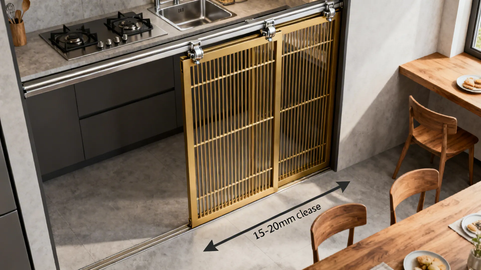 Top-down view of a kitchen with a sliding aluminium grill track separating wet and dry zones.