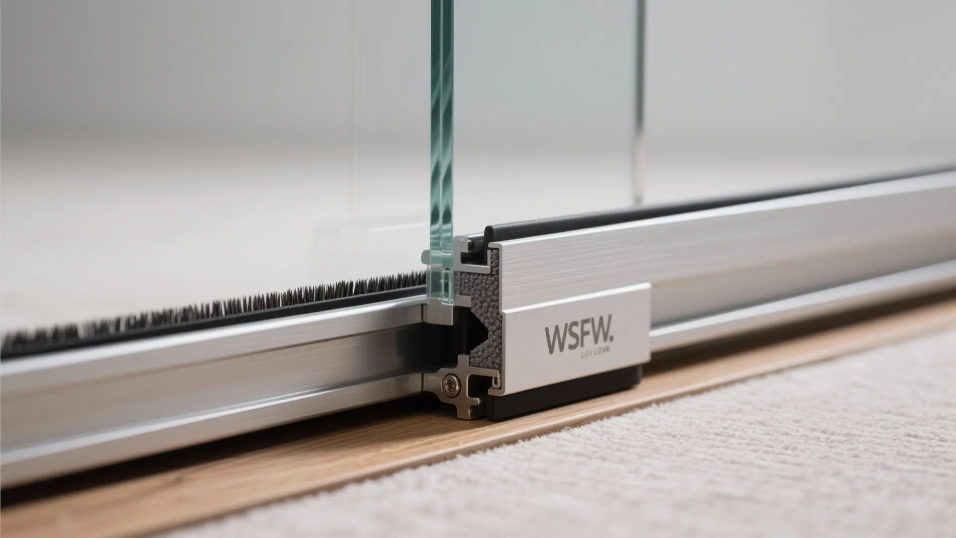 Close up of silver sliding glass door track showing metal frame seal and wood floor