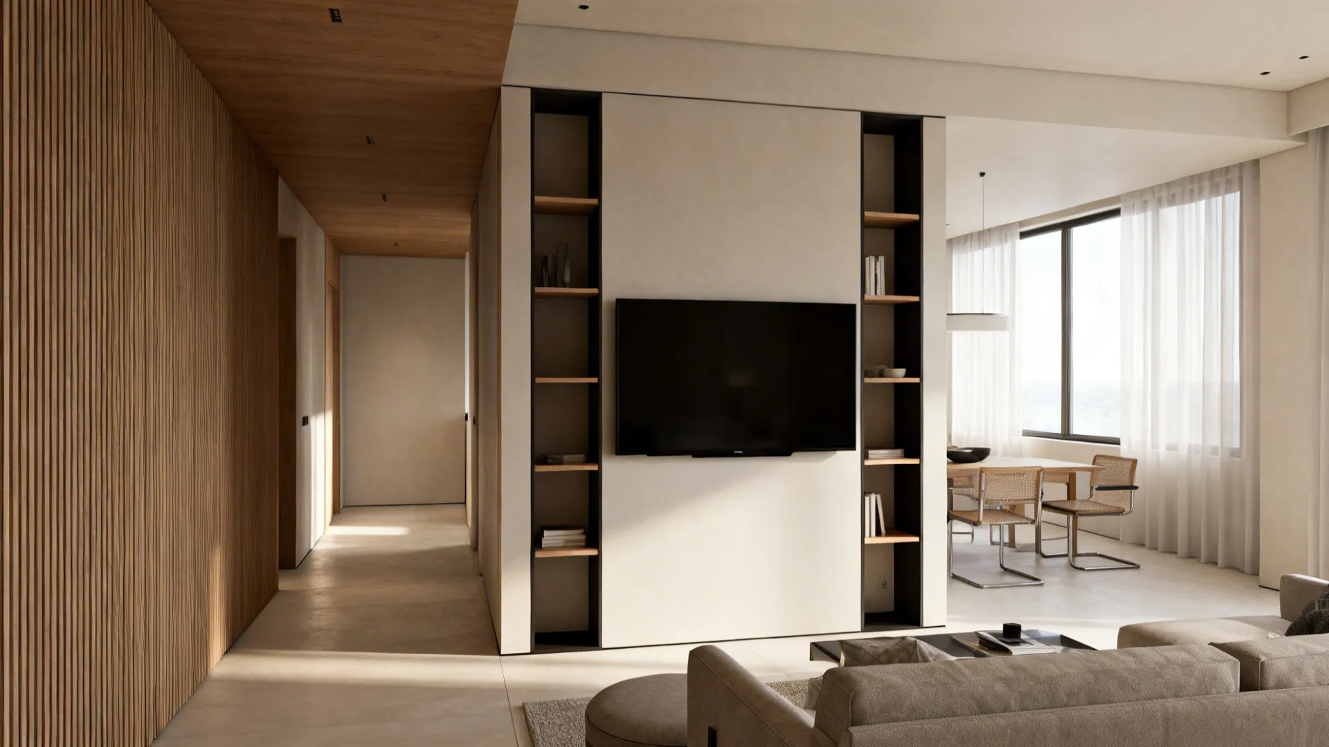 Slim partition with a mounted TV separating living room and hallway, featuring two-sided shelving.