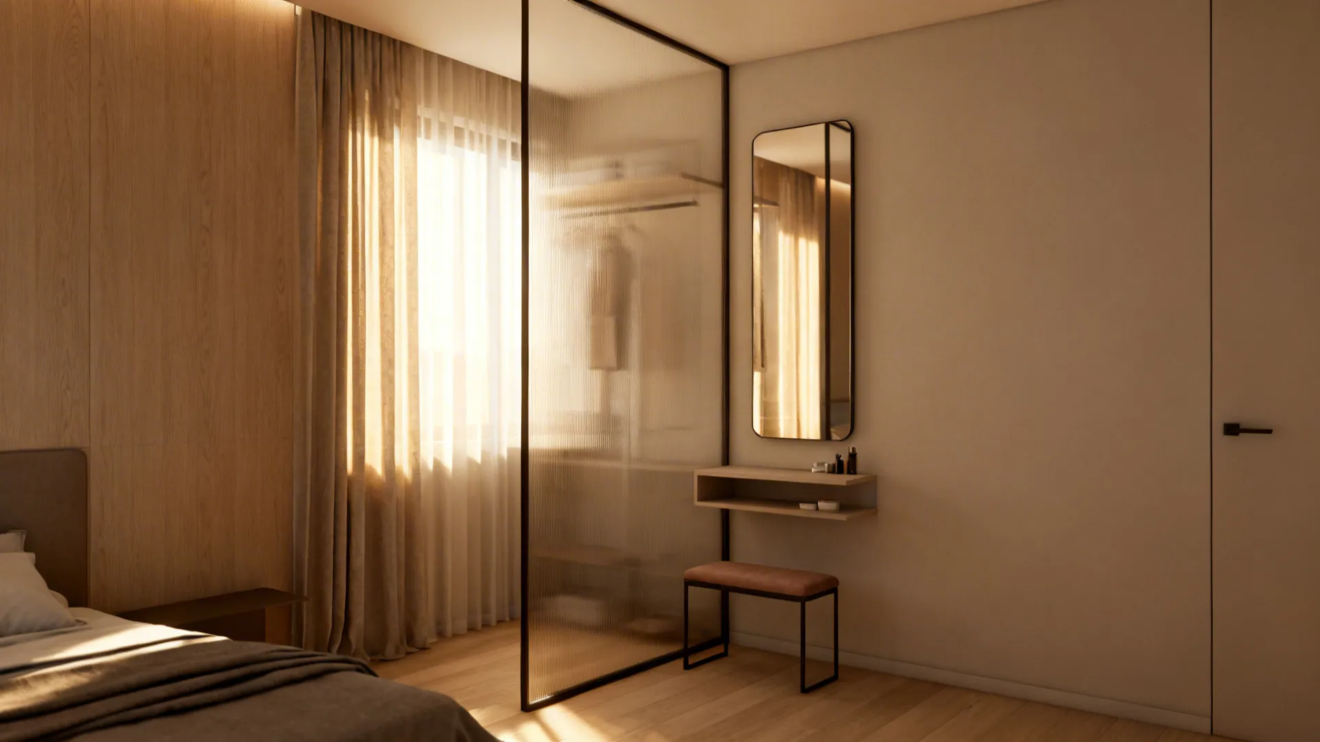 Partitioned dressing nook with glass divider, sheer curtain and wall mirror in a small bedroom