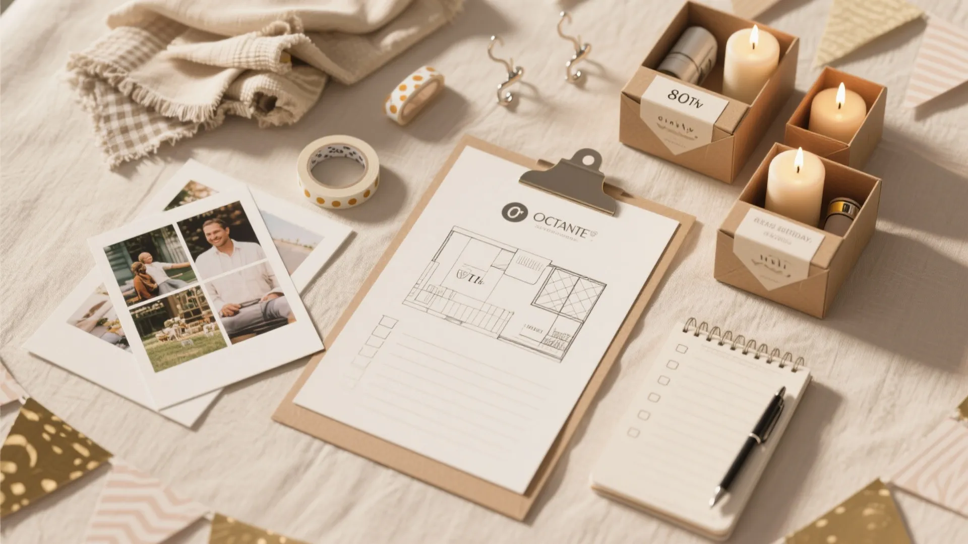 Table with a room layout drawing notebook photos lit candles and home event planning items