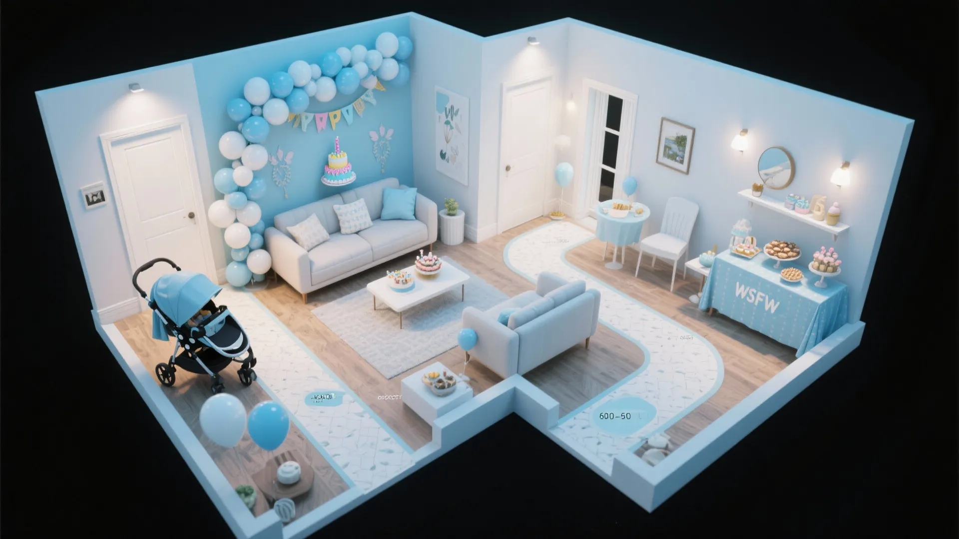 Balloon garland over a safe “smash cake” corner