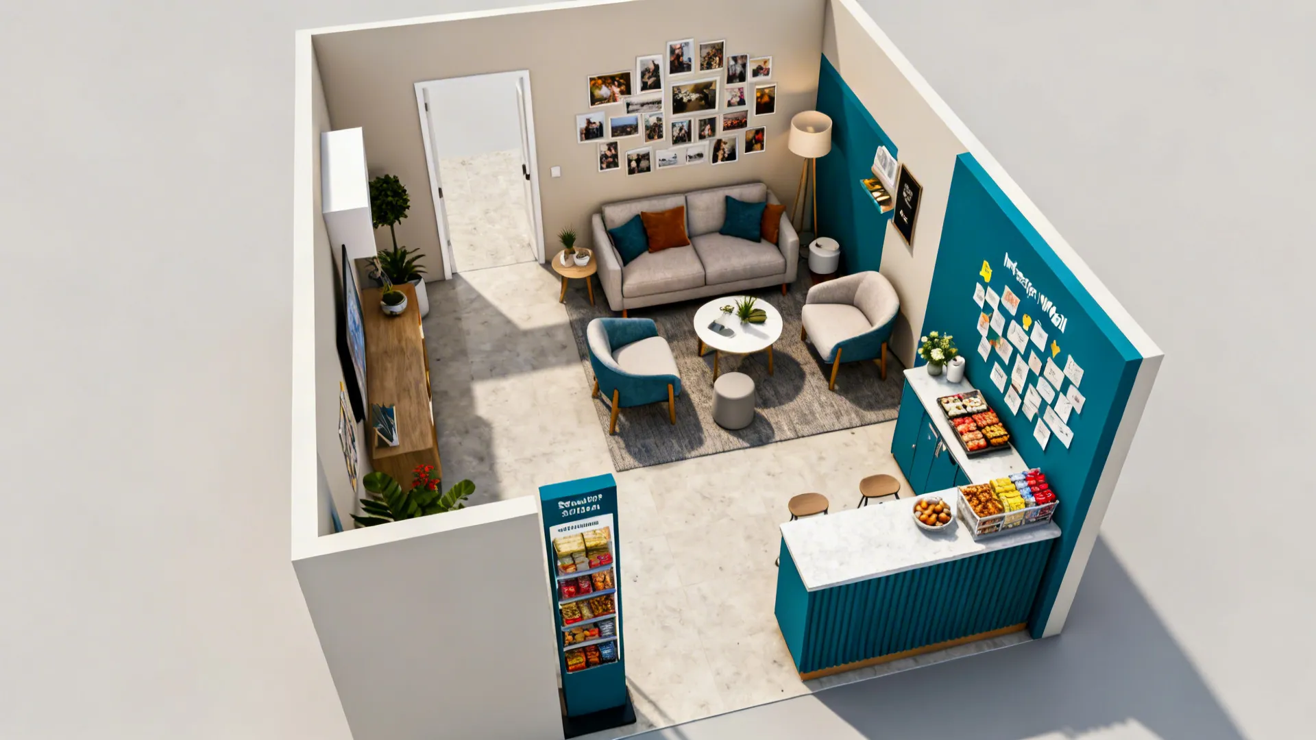 Top-down view of a small living room layout with clear paths and compact stations.
