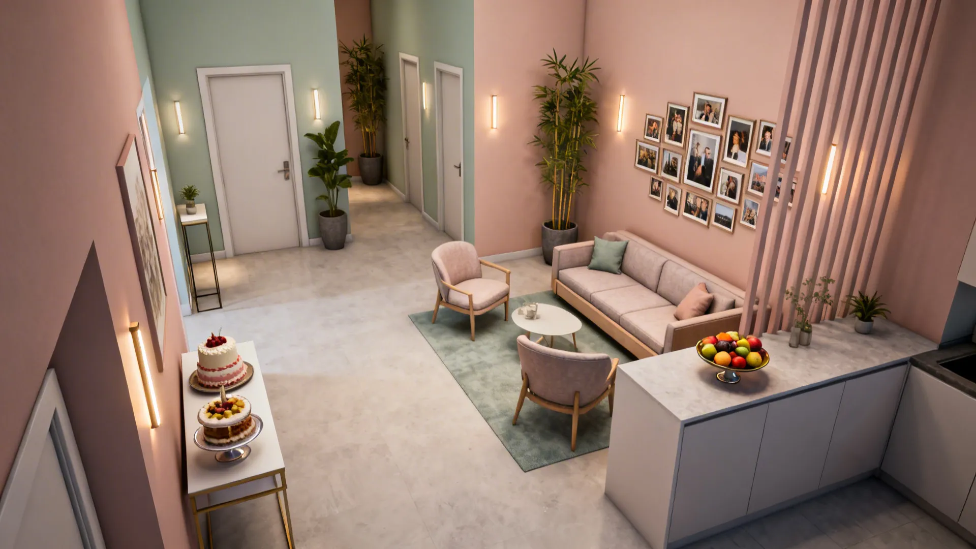 Top-down schematic showing entry, dessert nook, seating, memory wall, and clear pathways in a small apartment.