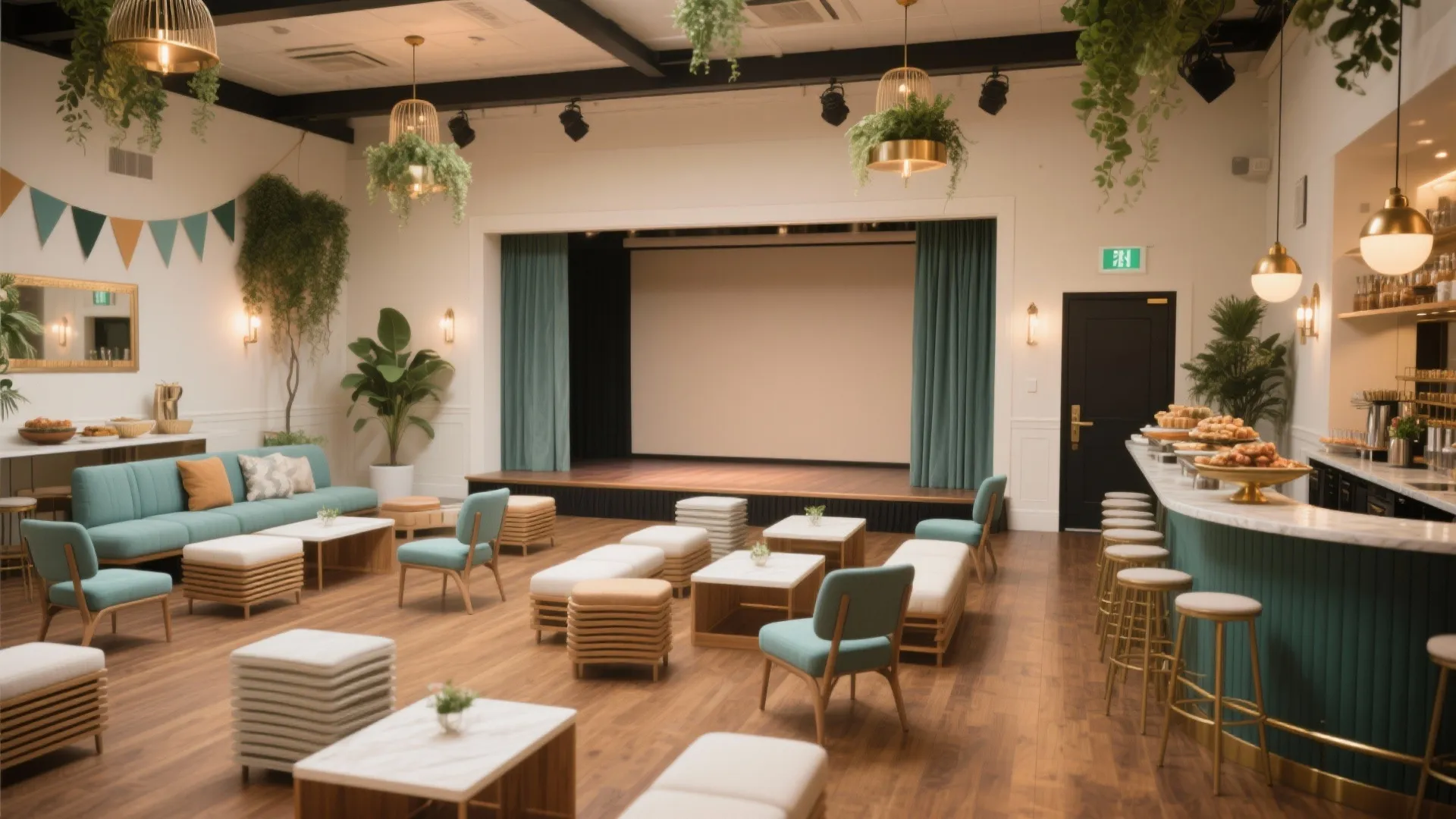 Large event hall with teal sofas, white footrests, marble tables, stage, and hanging green plants