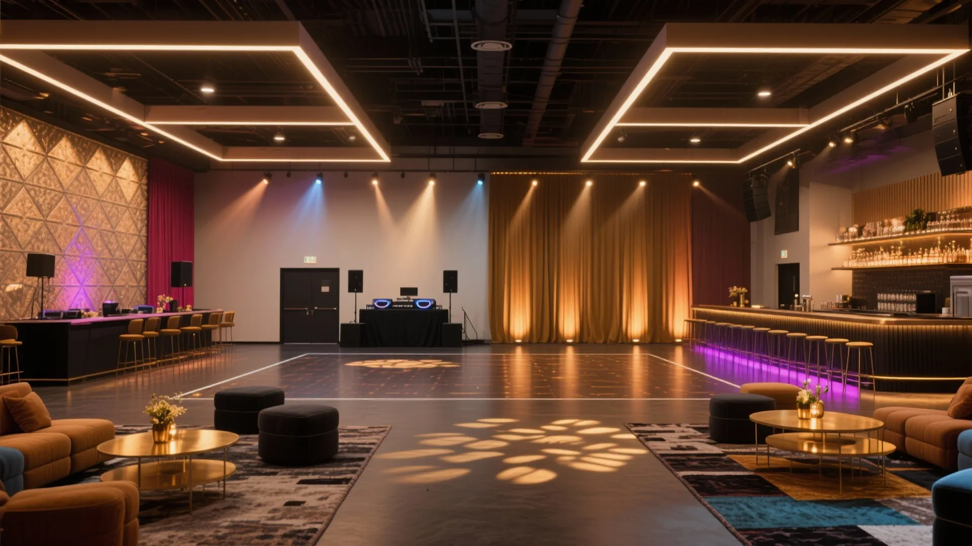 Large event hall with dance floor, bar area, modern sofas, and bright square ceiling lights