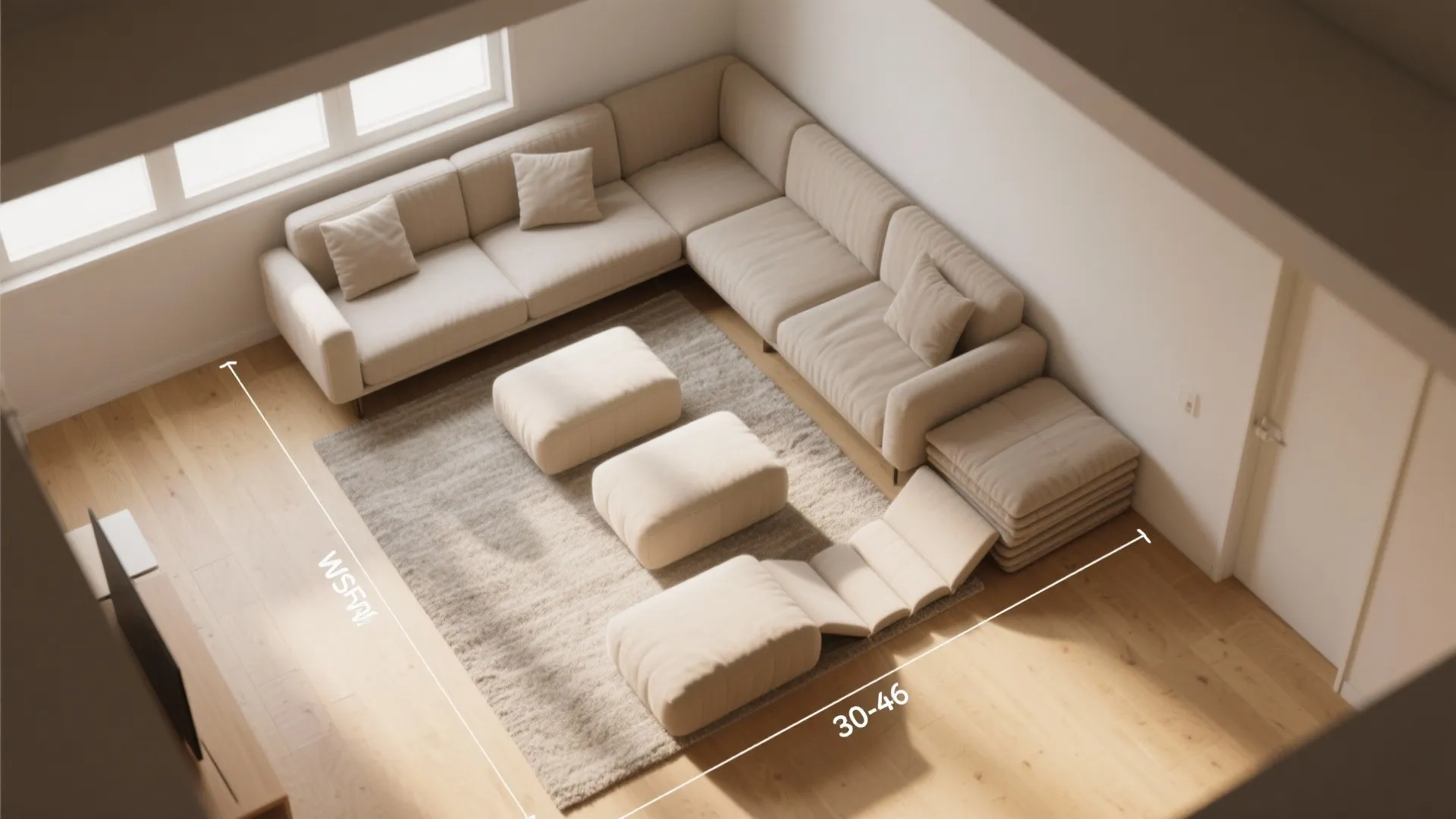 Top down interior design drawing of a beige corner sofa and footrest on wood floor