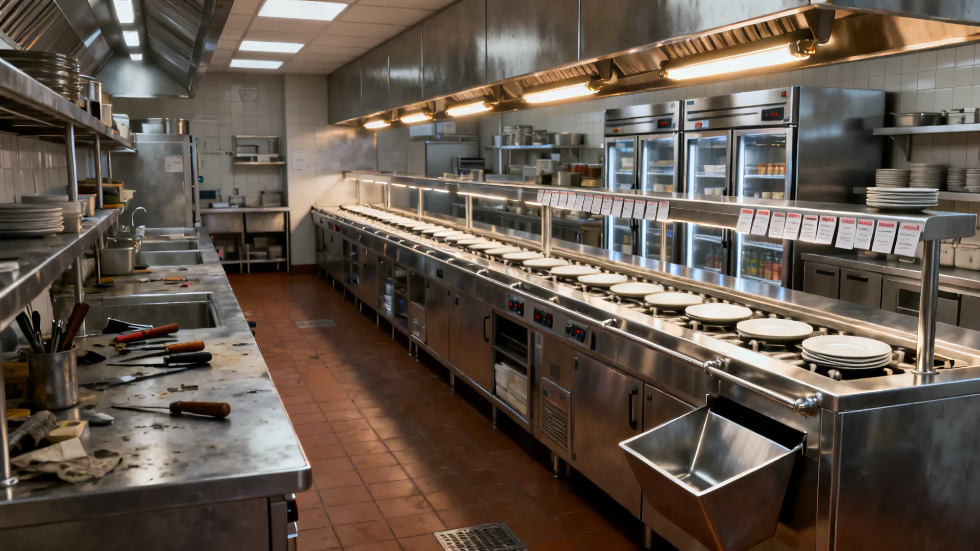 Before-and-after of a pass: from cluttered short counter to organized long heat-shelf pass.