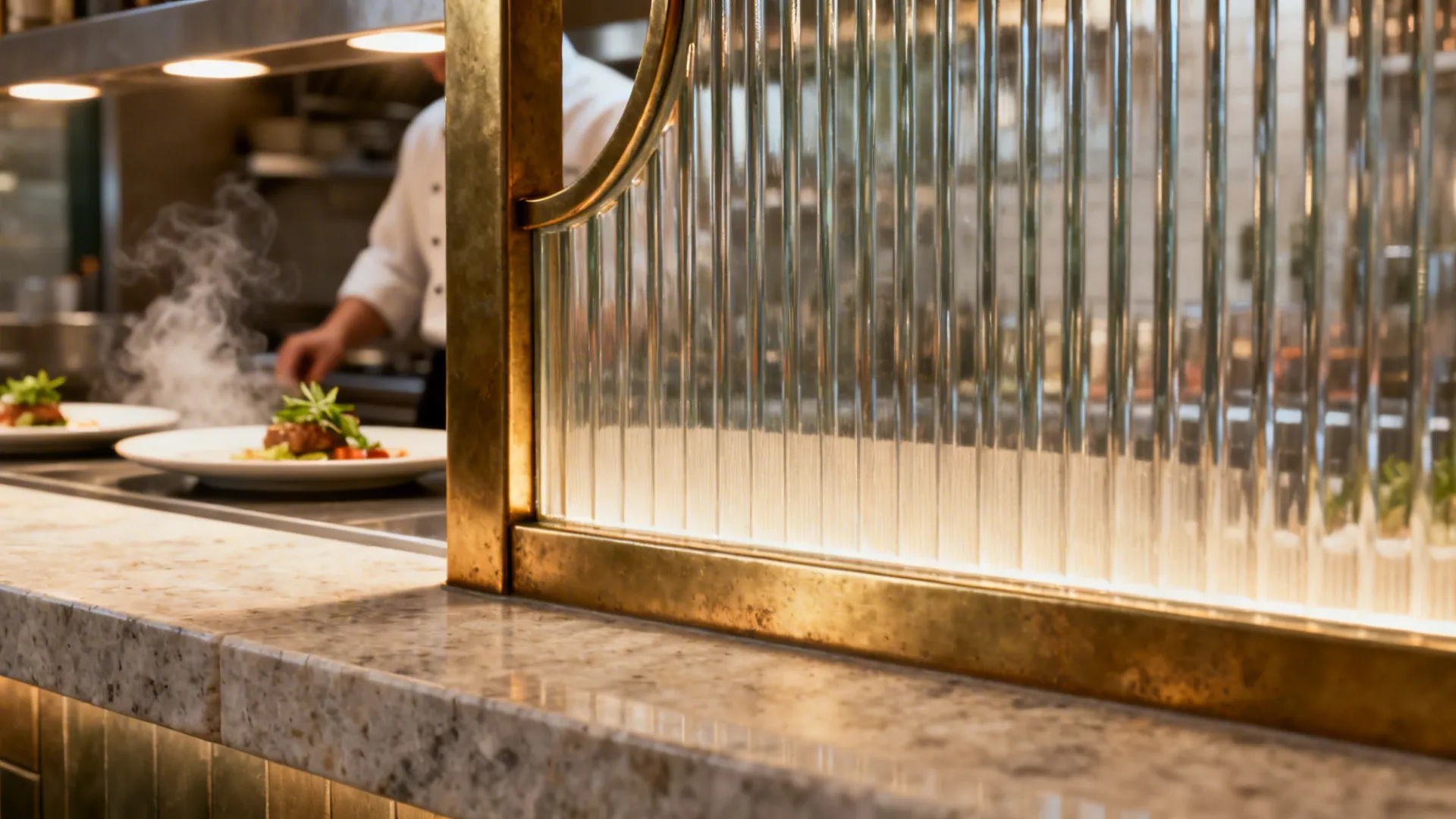 Macro of ribbed glass and brushed brass at a chef’s pass with soft baffle lighting and honed stone edge.