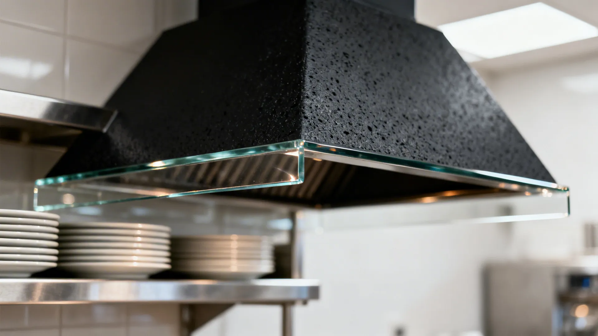 Close up of black kitchen exhaust hood with glass edge and stacked white ceramic kitchen plates