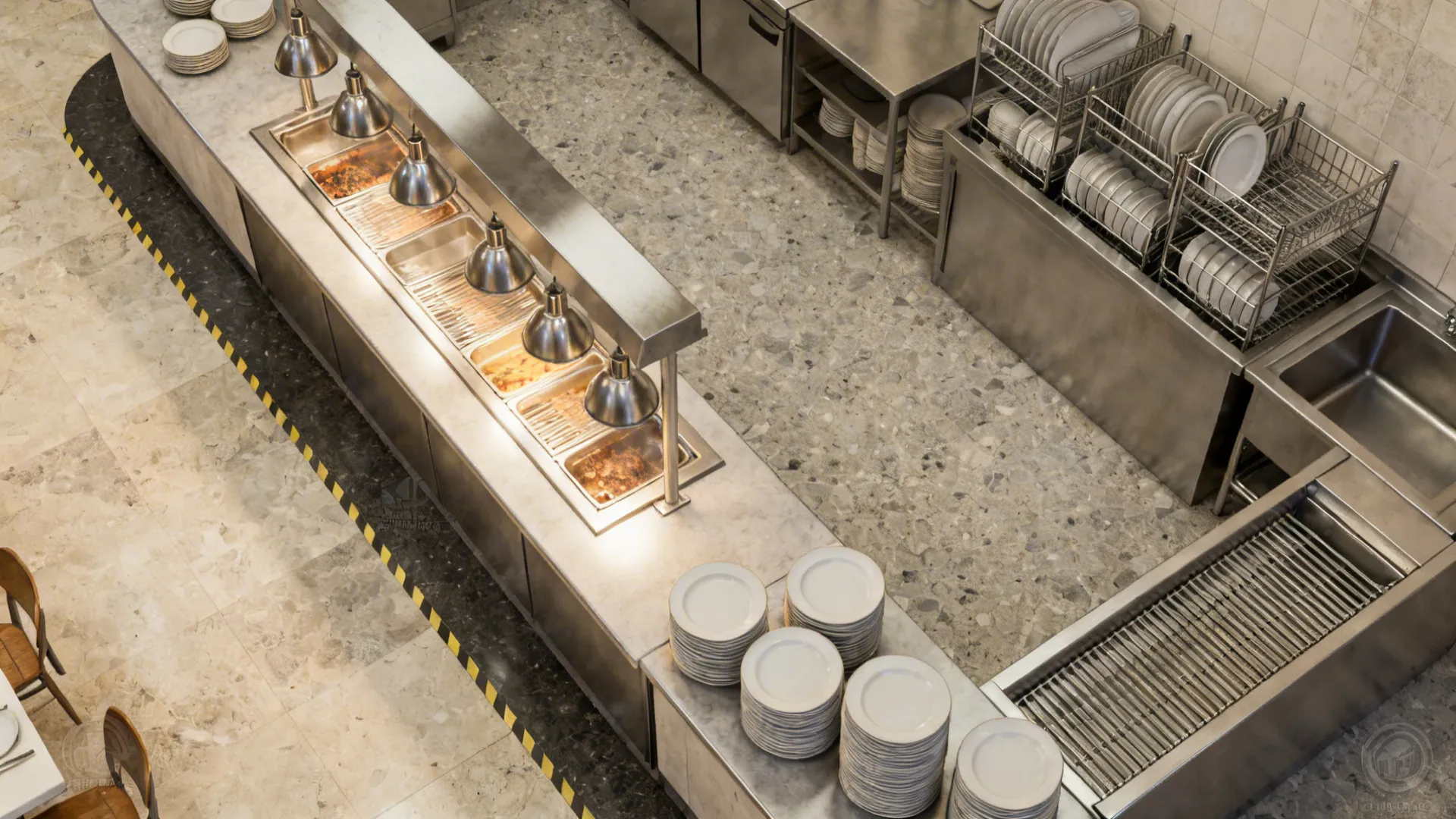 Top-down view showing the flow from compact pass to a separate dish drop lane.