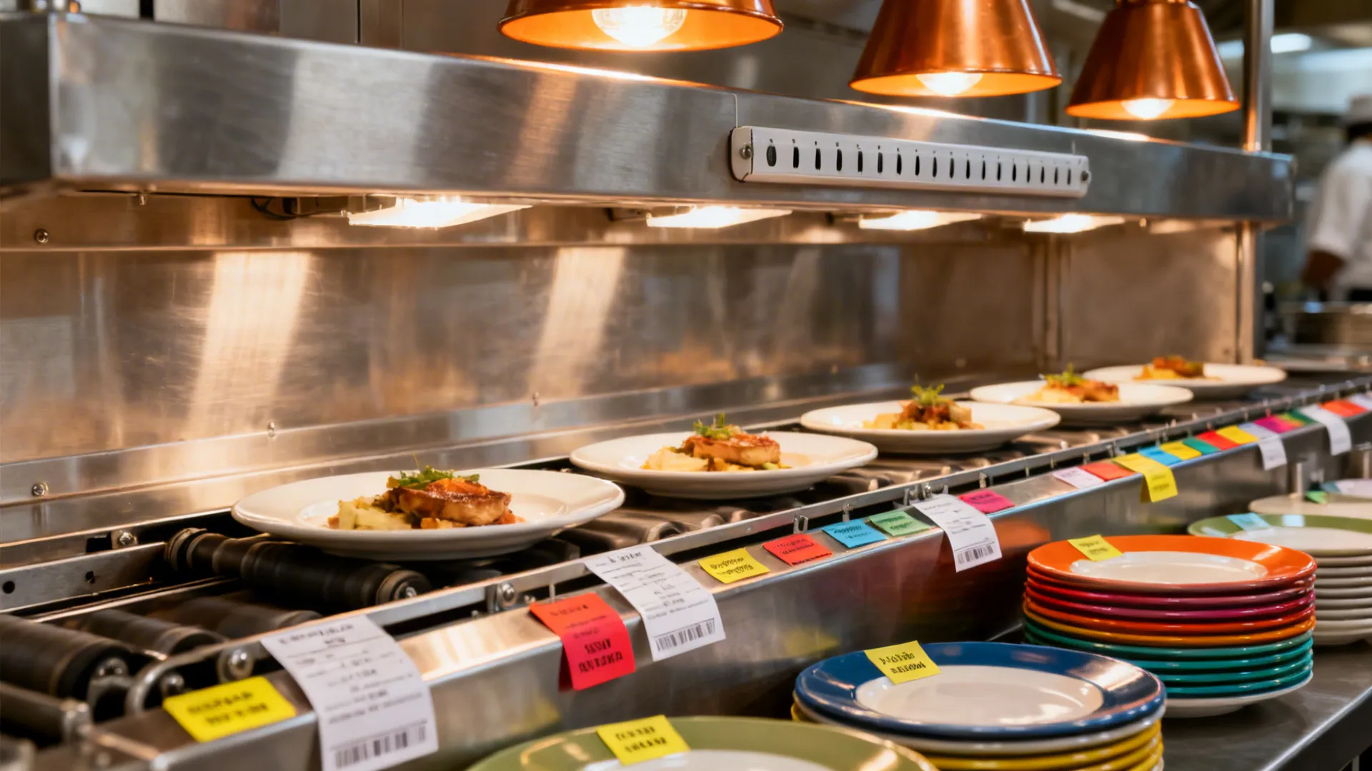 Macro detail of a restaurant pass with heat lamps, ticket rail, and staged plates.