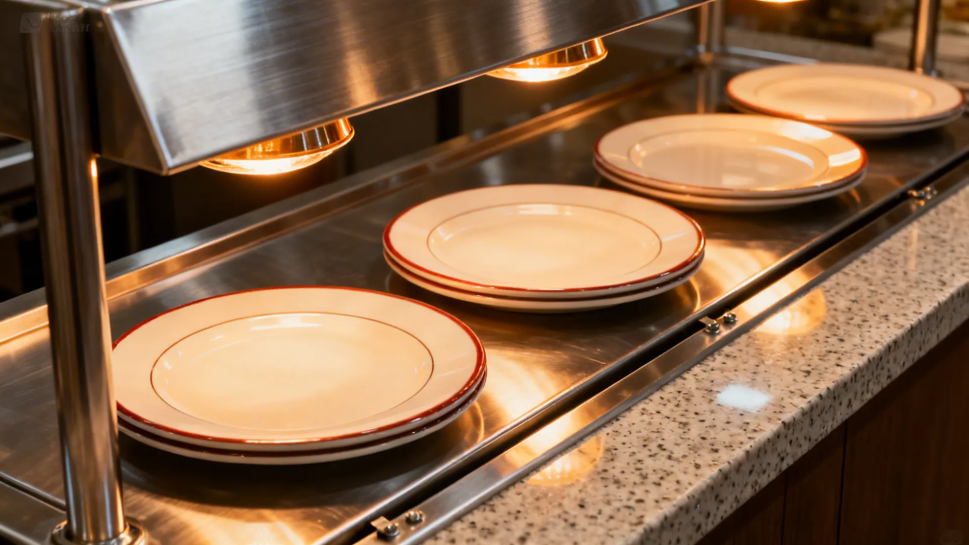 Close-up of a heated pass shelf with shielded lamps and satin stainless textures above plated dishes.