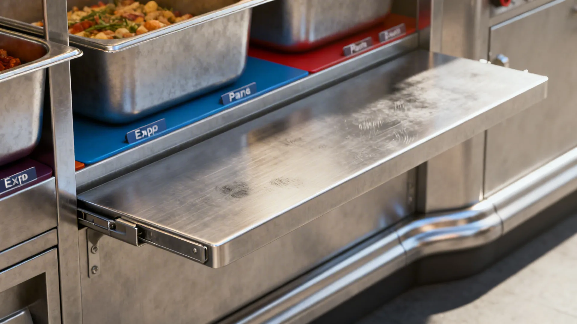 Macro of stainless pass with landing shelf and color-coded undercounter zones.