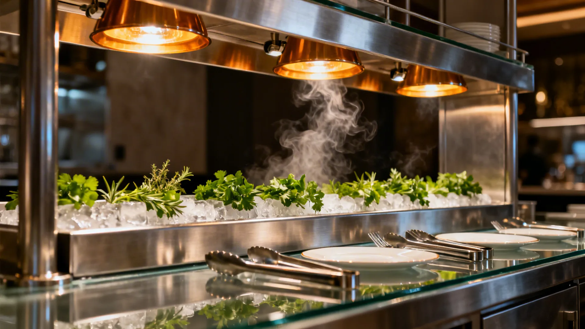 Macro of heated pass with stainless shelf, lamps, and chilled garnish rail.
