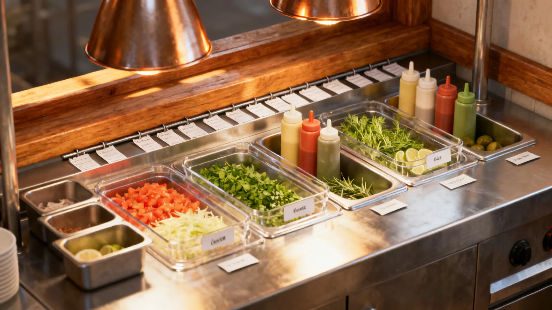 Close-up of a simplified pass with shared mise in clear pans under heat lamps and wood trim.