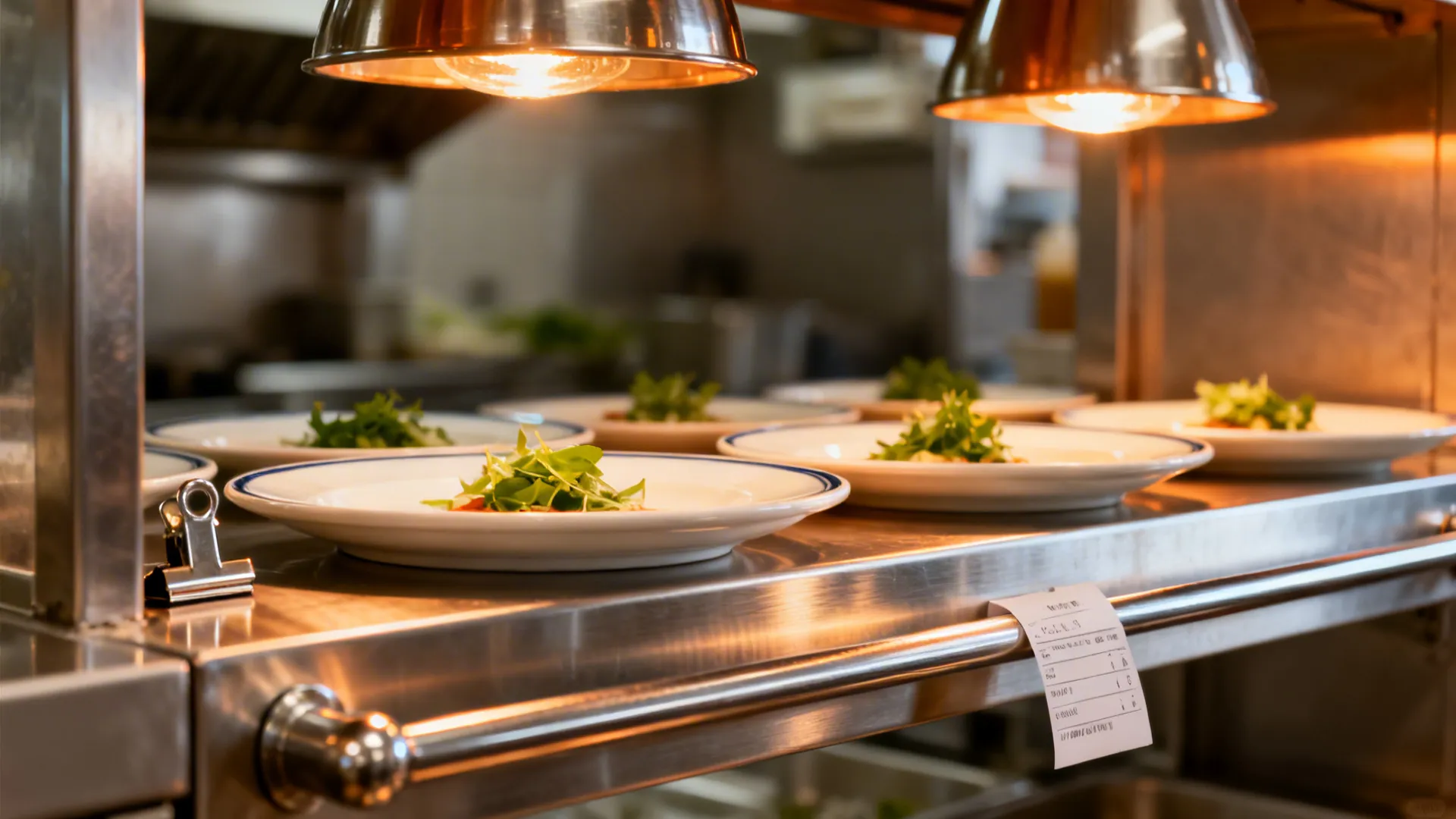 Close-up of a heated pass shelf with plated dishes under warm lamps in a compact kitchen.
