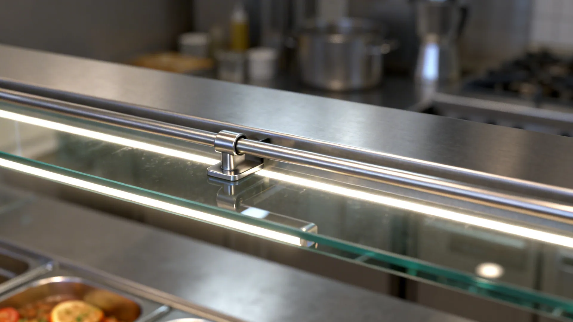 Macro of tempered glass pass shelf with LED lighting and stainless ticket rail.