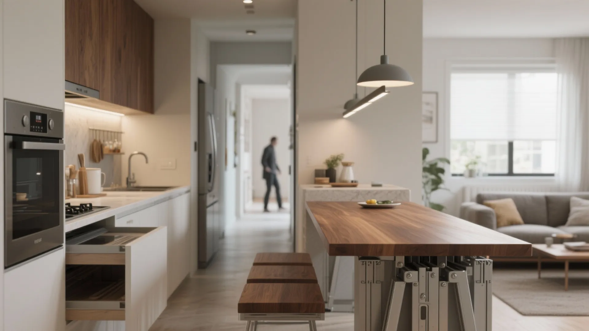 Modern kitchen with wooden island table grey ceiling lights white cabinets and open living room view