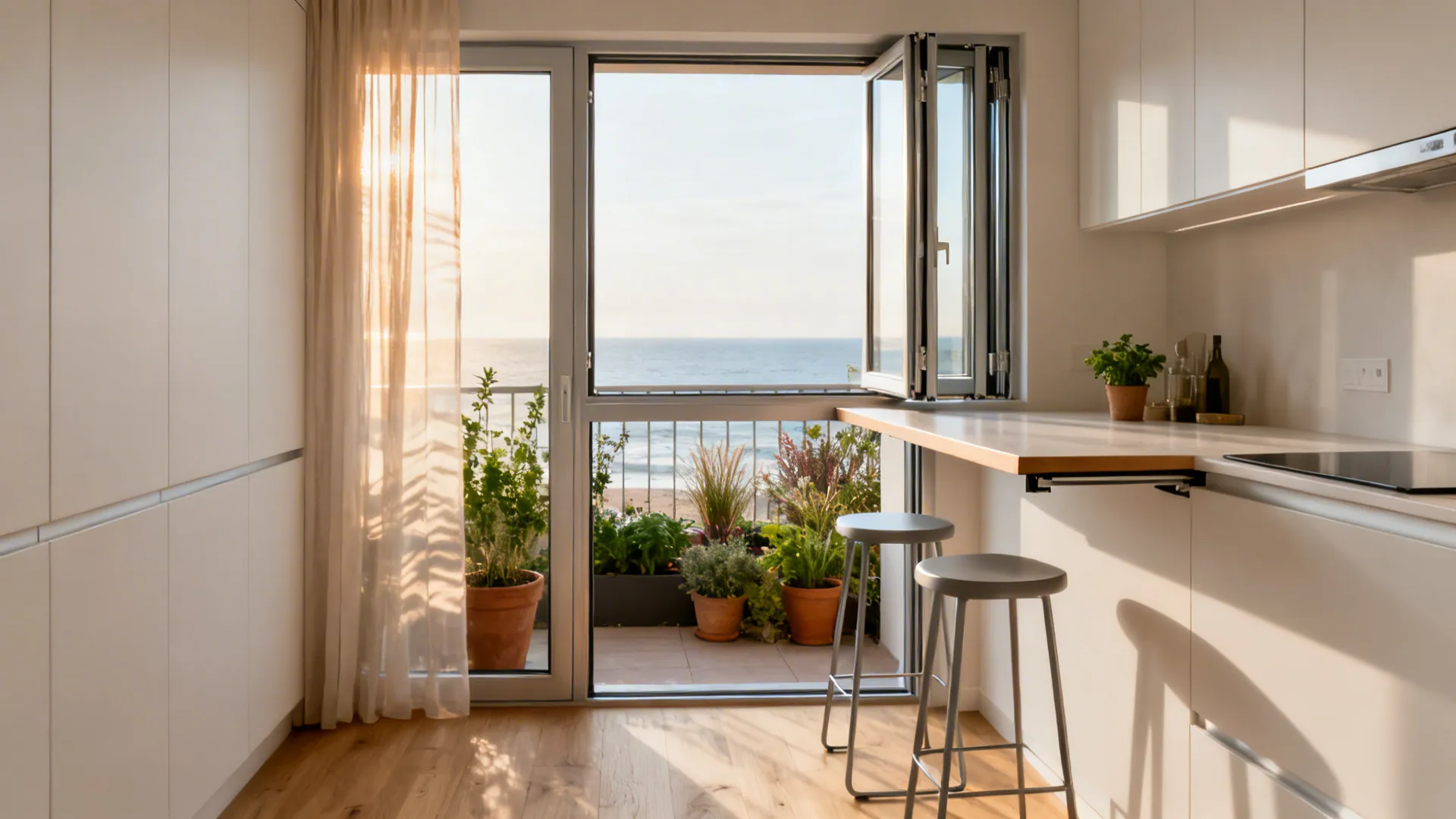 Compact kitchen with a bifold pass-through window and fold-down bar opening to a balcony garden.