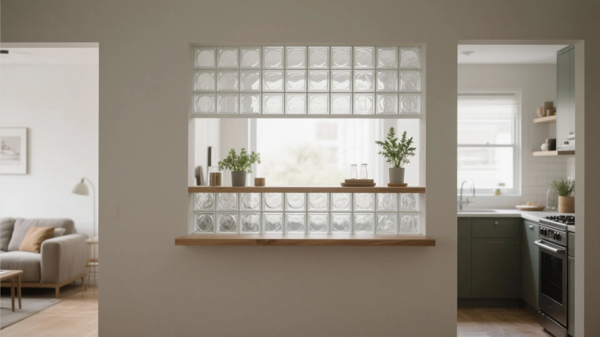 Glass block pass-through that doubles as a shelf