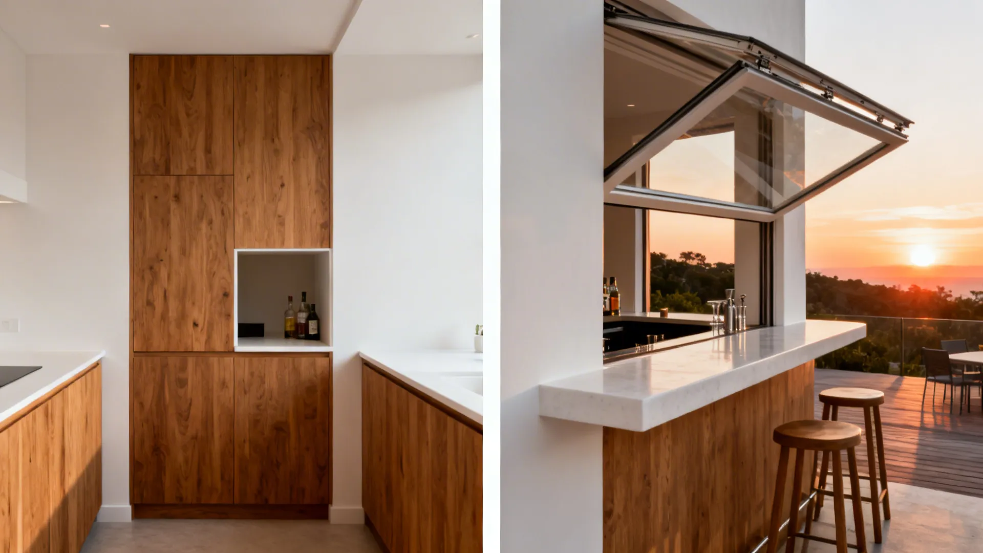 Before-and-after of a small pass-through enlarged into a folding window with terrace bar.