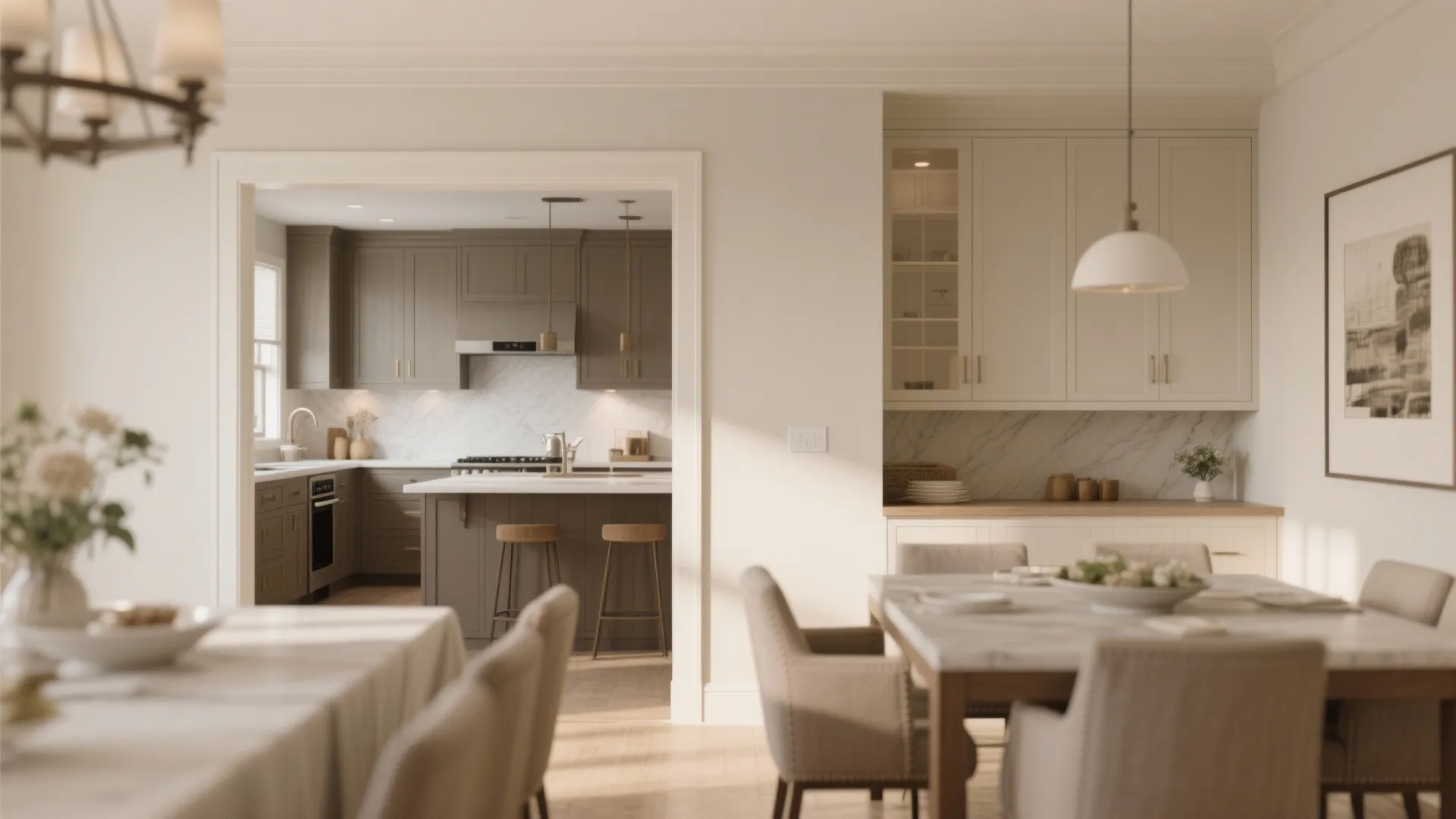 Pass-through dining cabinetry linking to kitchen