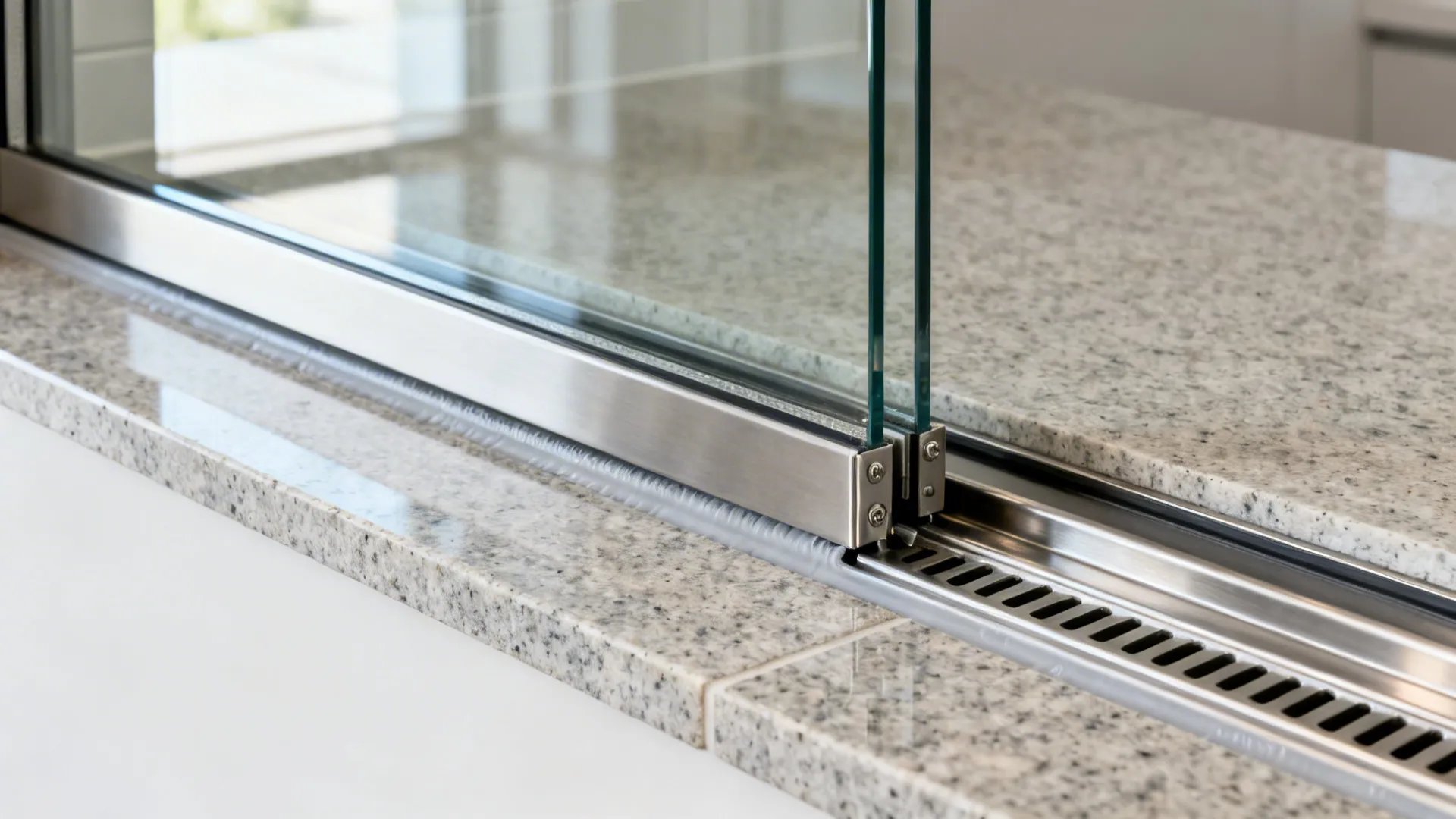 Close up of a glass sliding door track system installed on a grey granite kitchen countertop