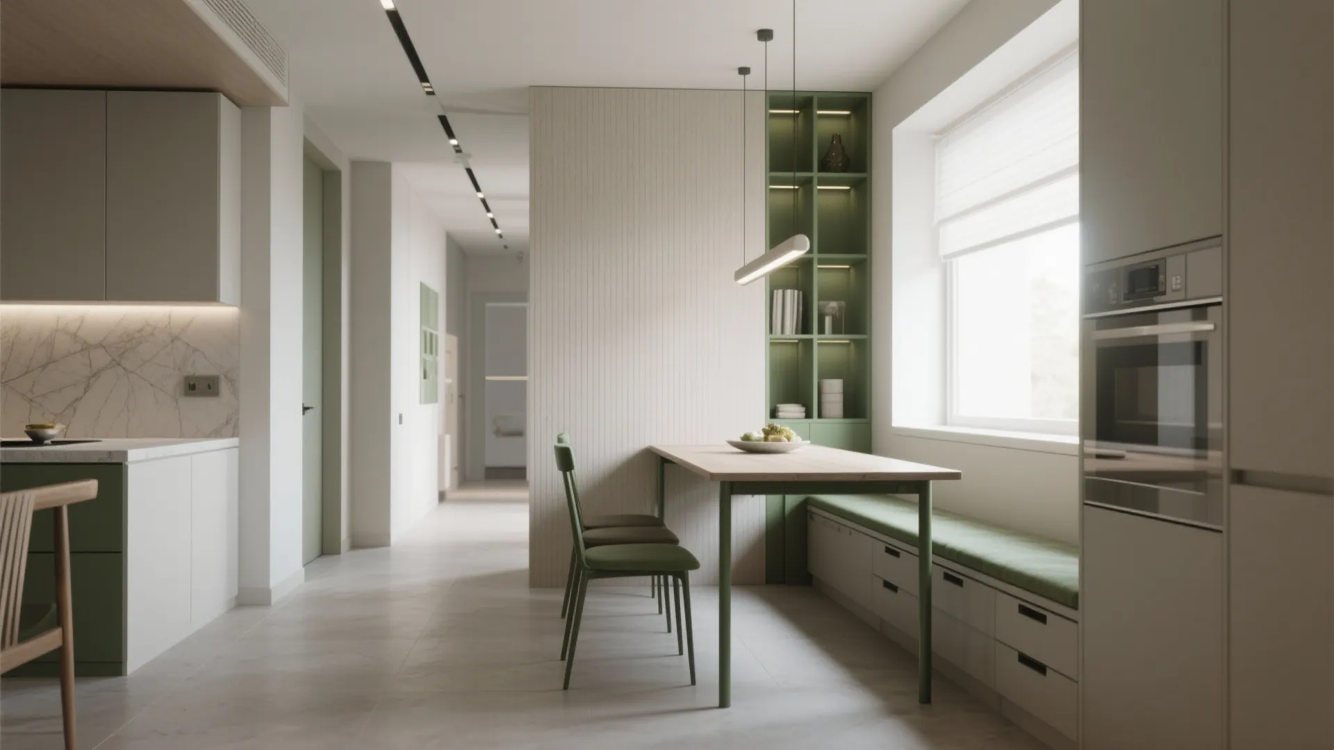 Minimalist kitchen with wooden dining table green window seat built in shelves and wall oven