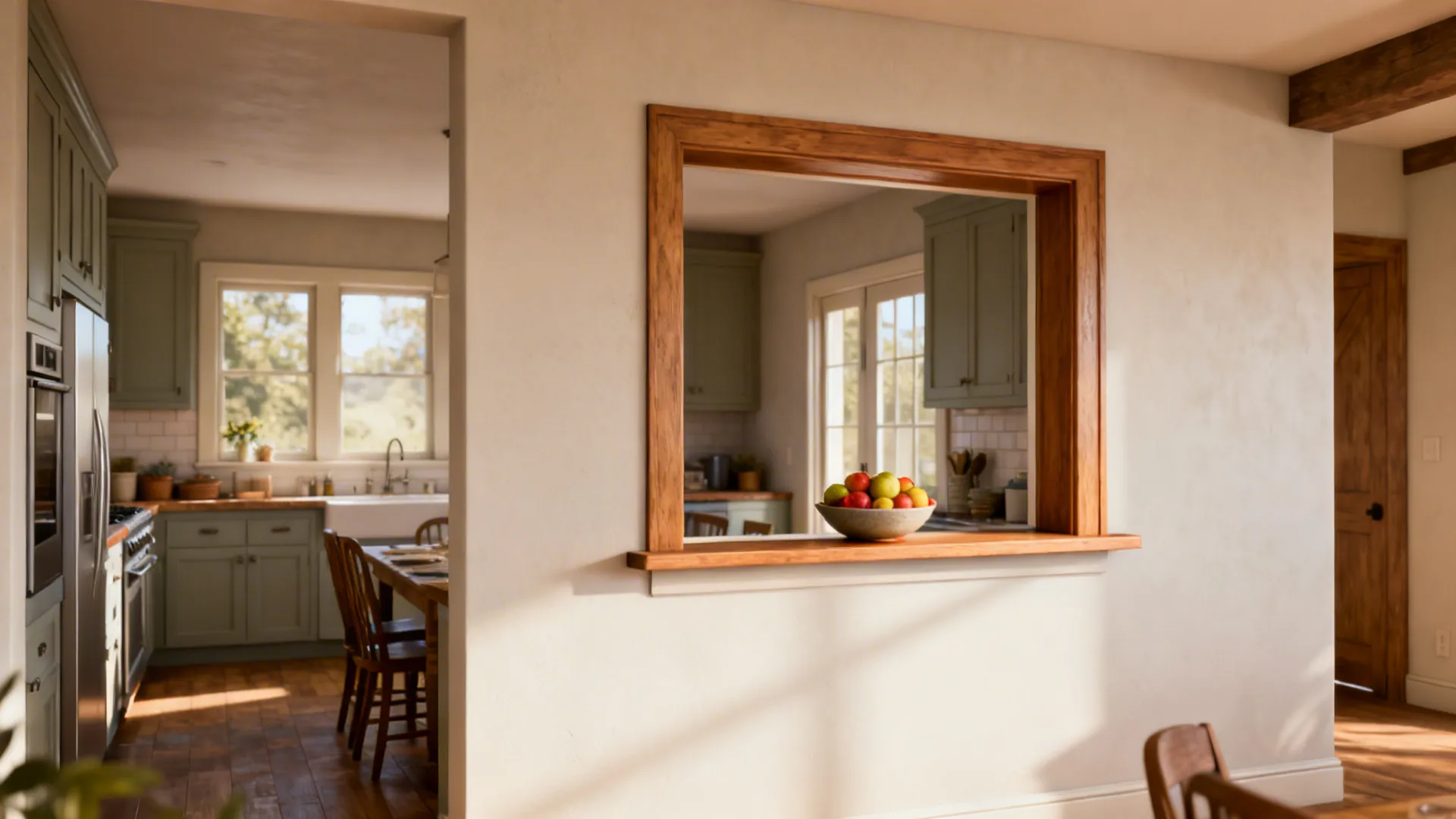 Half wall with a framed pass-through serving window and small sill between kitchen and dining.