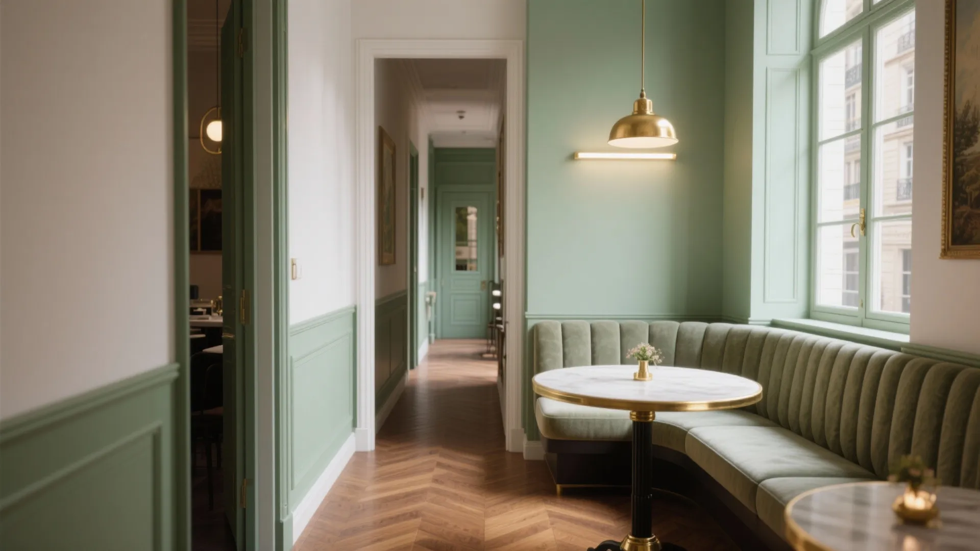 Green wall panel with curved seating next to a round marble table and gold light