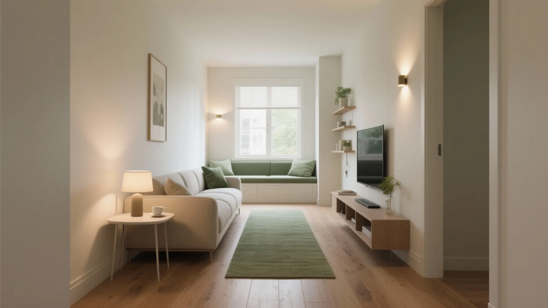 Modern living room with white sofa green rug window seat wall lights and wooden floor