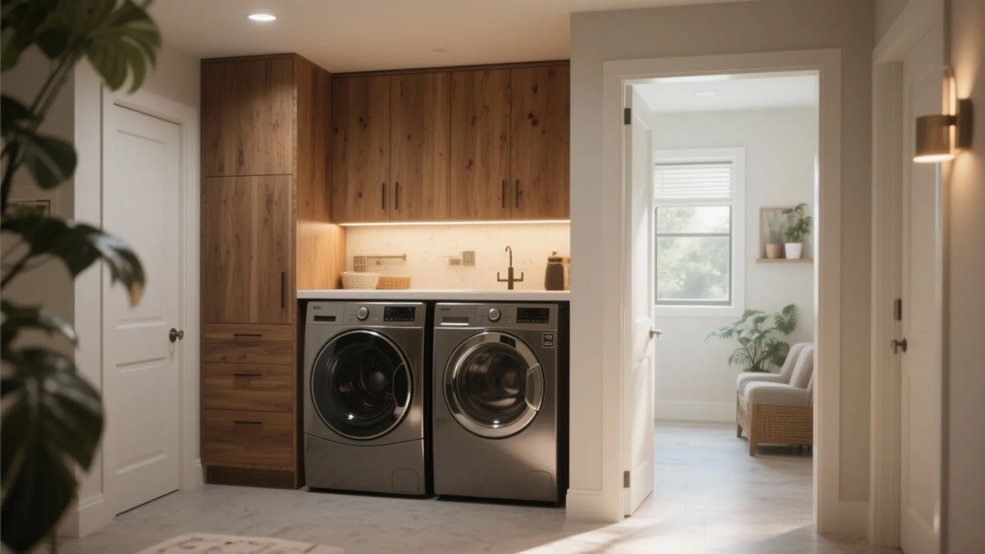 Modern laundry room with wood cabinets silver washing machines sink wall light and open doorway