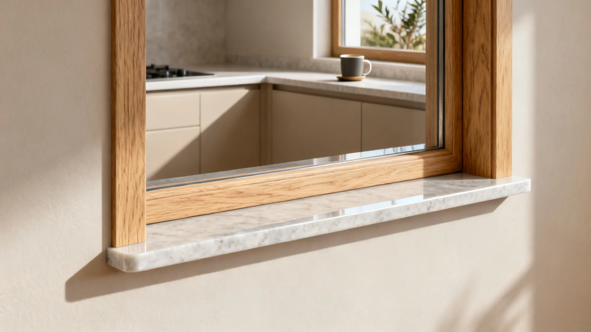 Close-up of a framed pass-through kitchen window with a slim oak-trimmed quartz ledge