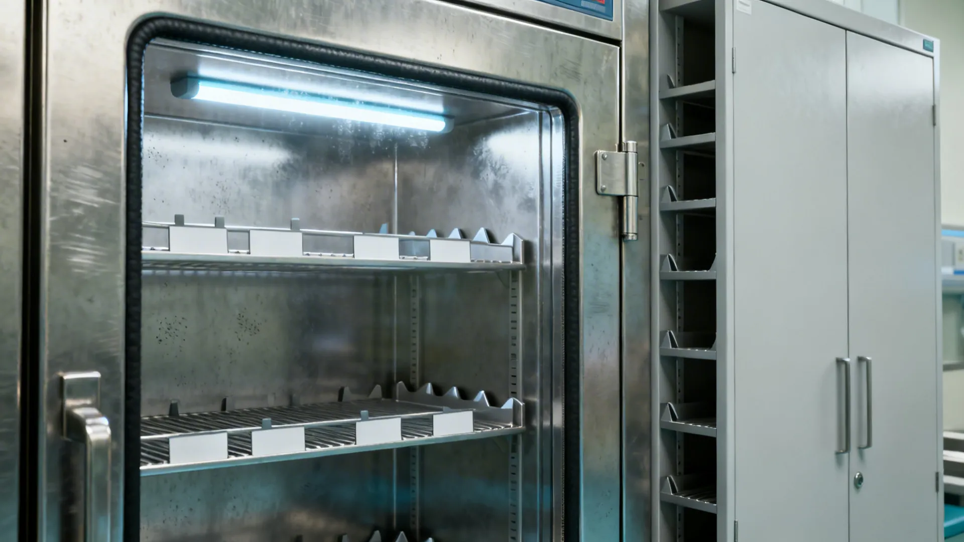 Close-up of pass-through refrigerator and LED-lit vertical storage in a hospital kitchen.