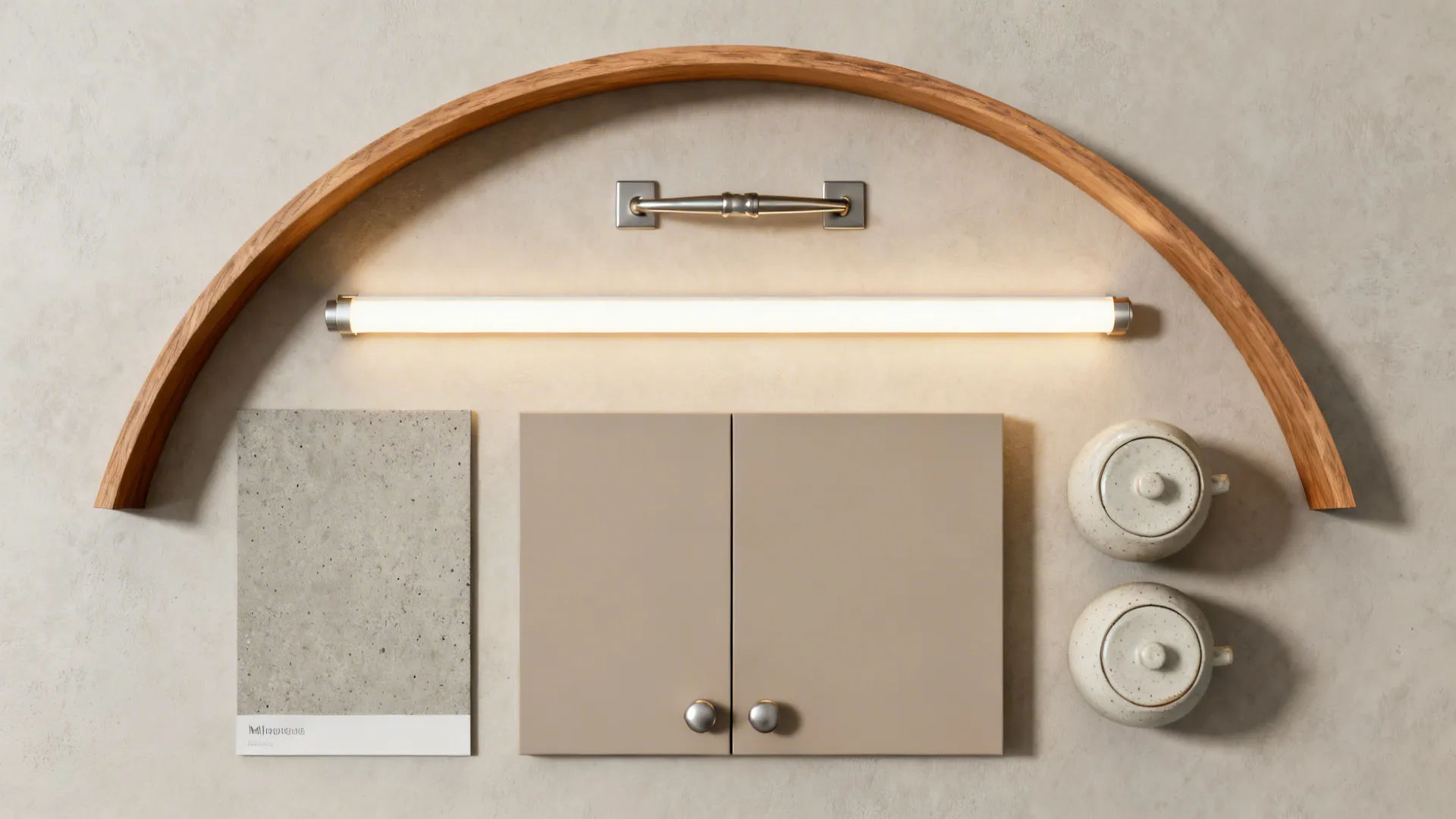 Top-down material board with curved oak profile, microcement, cabinet and hardware samples.