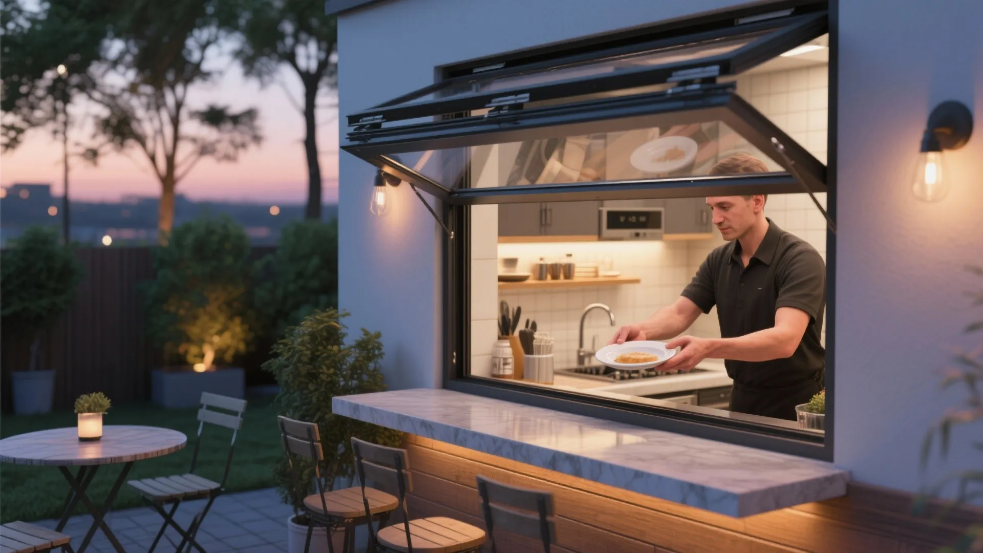 Counter-height bar with a fold-up garage window serving plates to a small patio table.