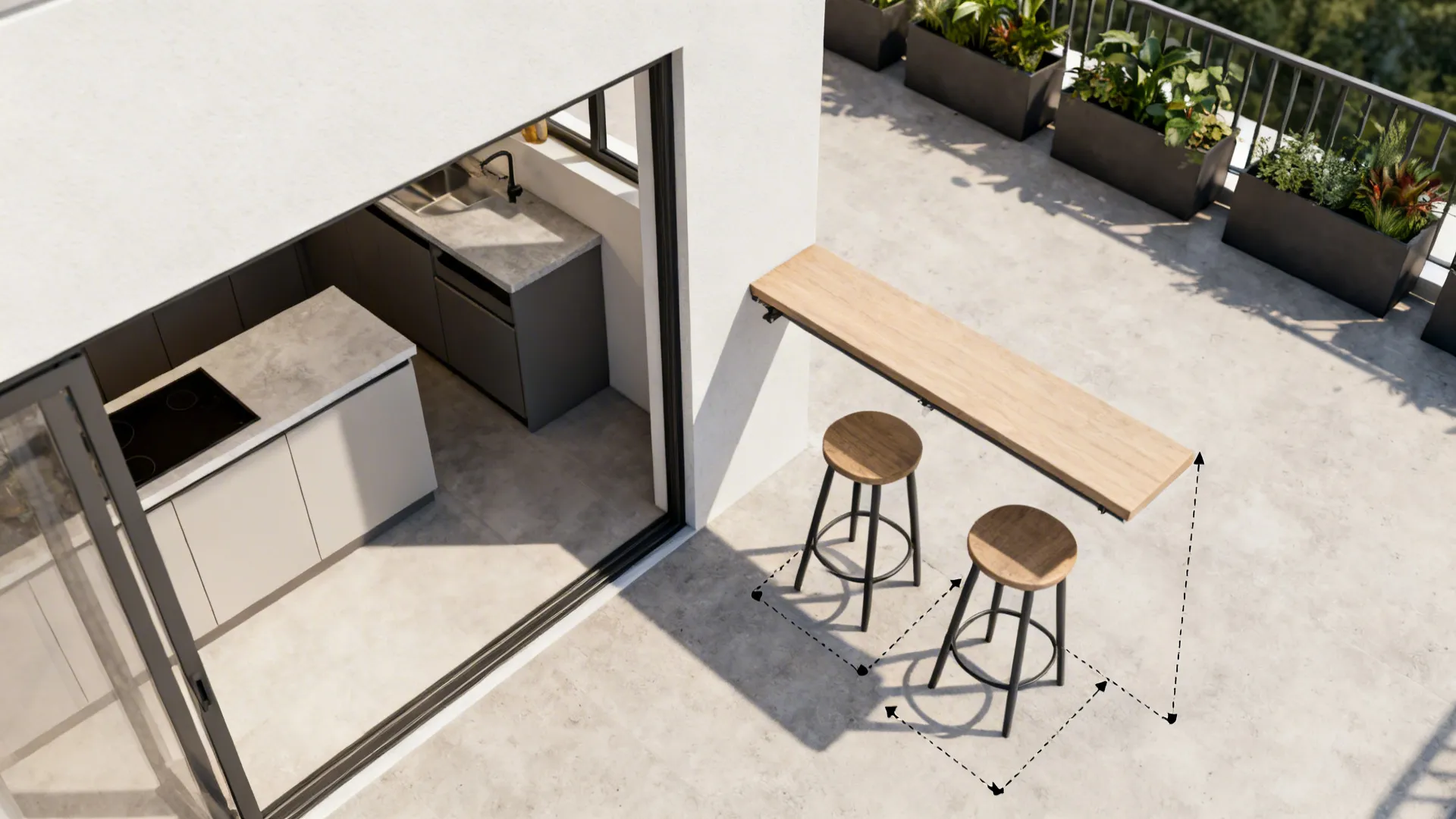 Top-down view illustrating counter and bar alignment at a kitchen pass-through to a balcony.