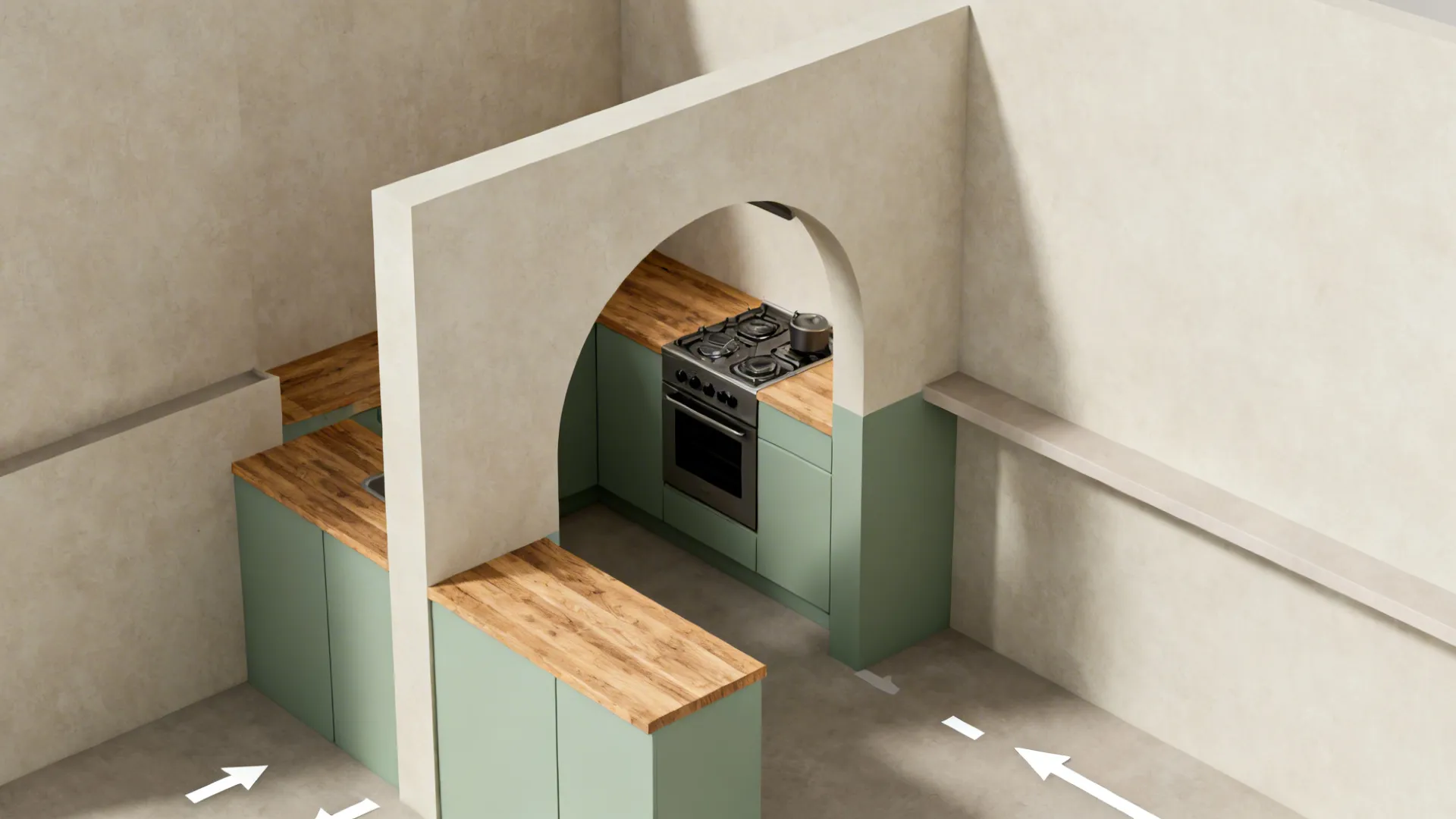 Arched Pass-Through Window Between Kitchen and Living