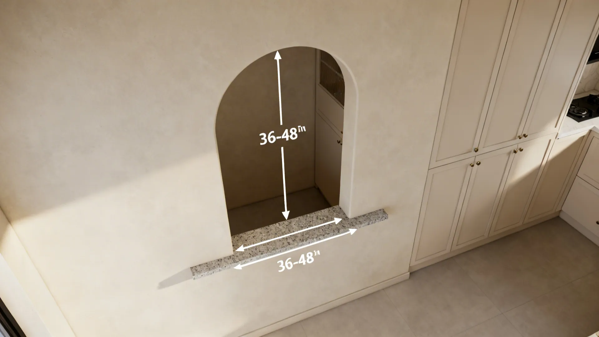 Top-down view illustrating proportions and placement of an arched pass-through with slim ledge.