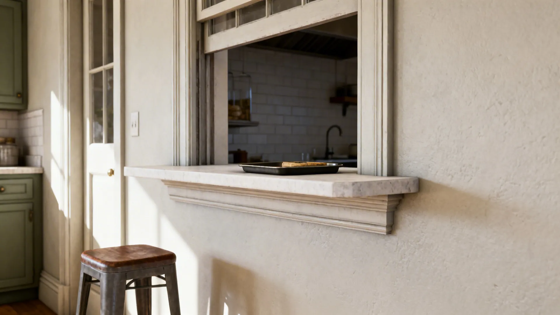 Kitchen pass-through window with a small ledge used as a serving spot between kitchen and living room