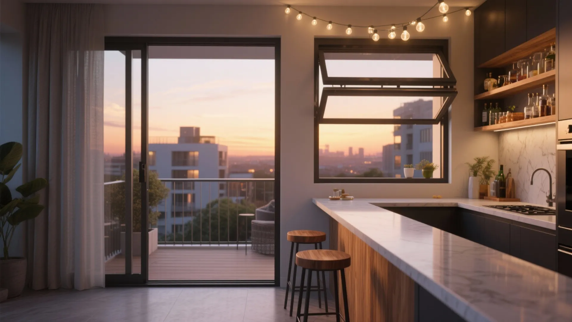 Modern kitchen with marble counter stools open window and balcony view during a bright sunset