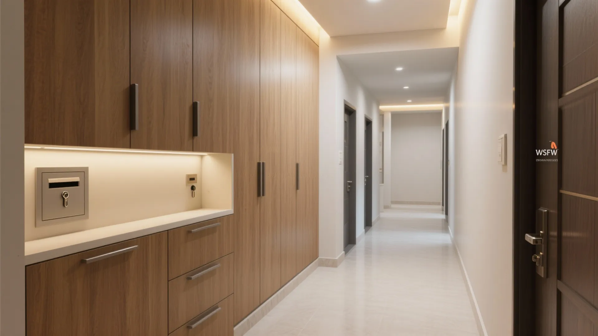 A floor-to-ceiling storage wall along the passage